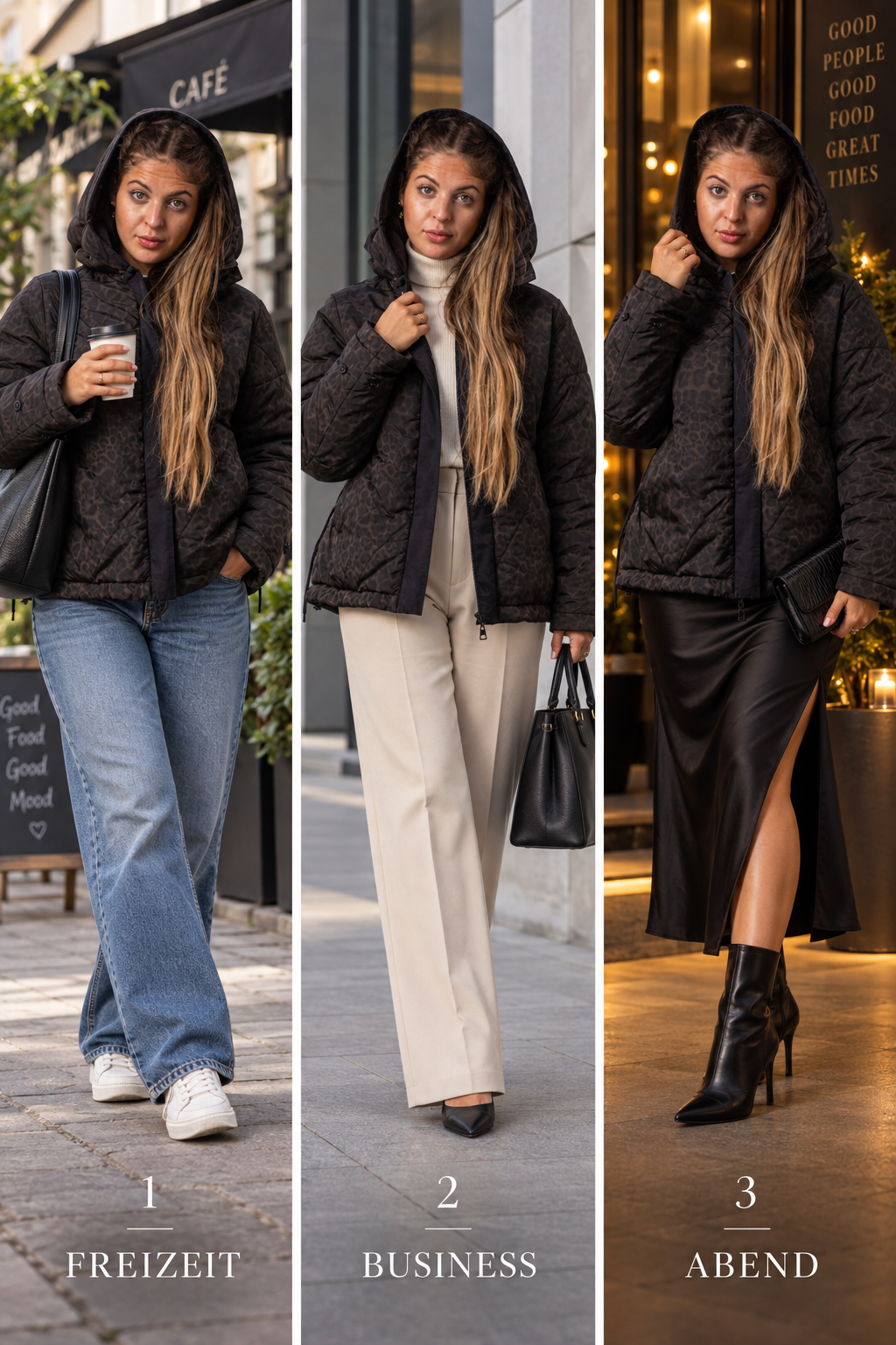 Drei Styling-Ideen für Wendejacke mit Leoprint ASTI: Freizeit, Business und Abend