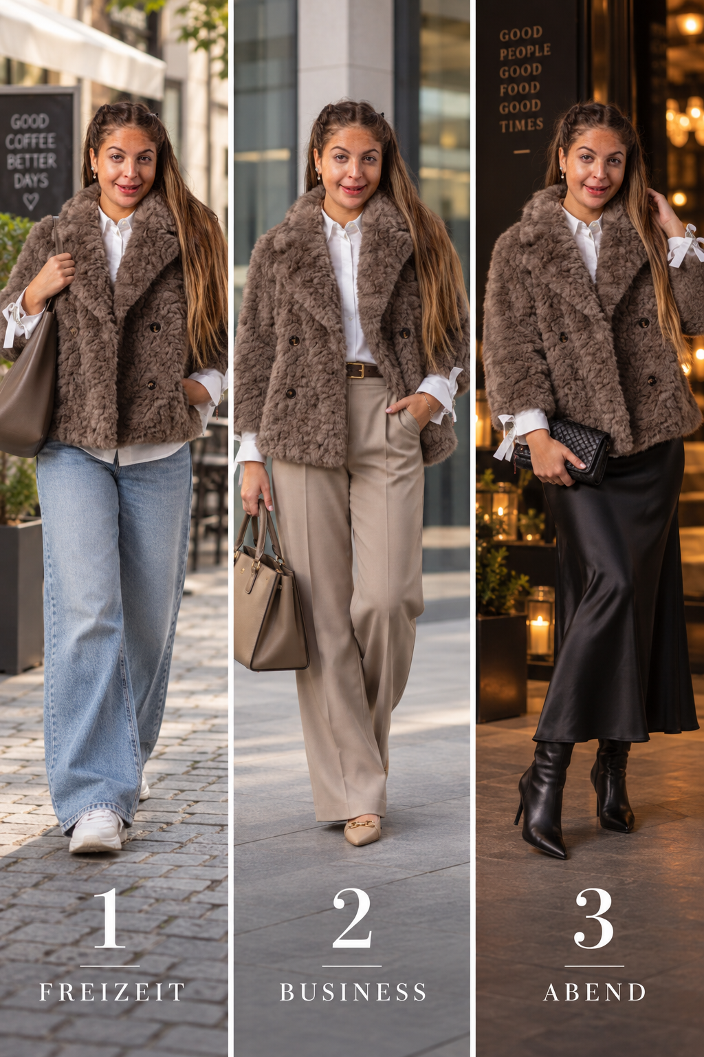 Drei Styling-Ideen für Fake Fur Pelzjacke NOLYON: Freizeit, Business und Abend