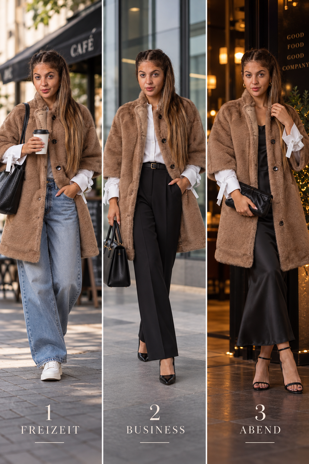 Drei Styling-Ideen für Kurzmantel Fake Fur NOLISBON: Freizeit, Business und Abend
