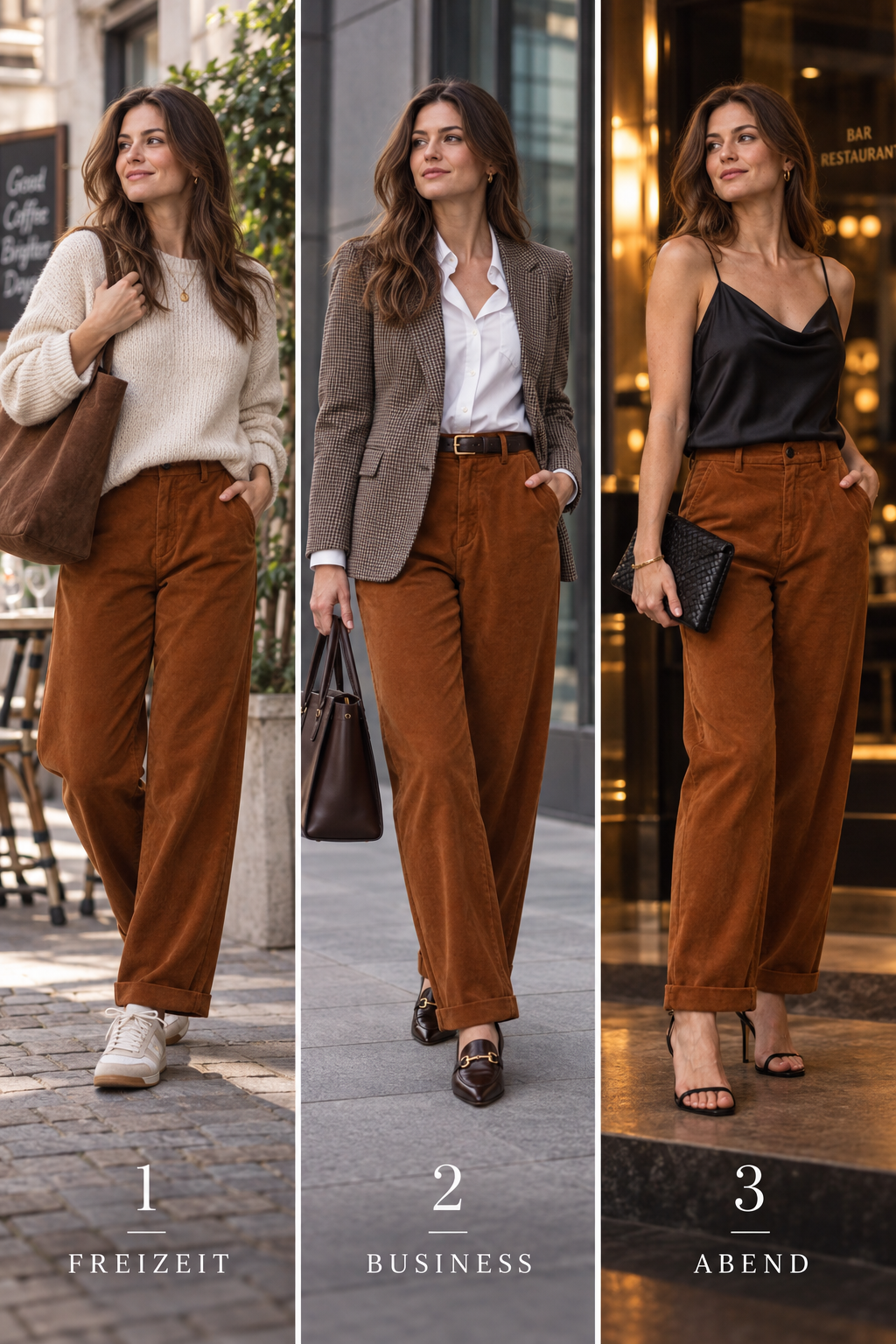 Drei Styling-Ideen für Moderne verkürzte Chino- Hose: Freizeit, Business und Abend