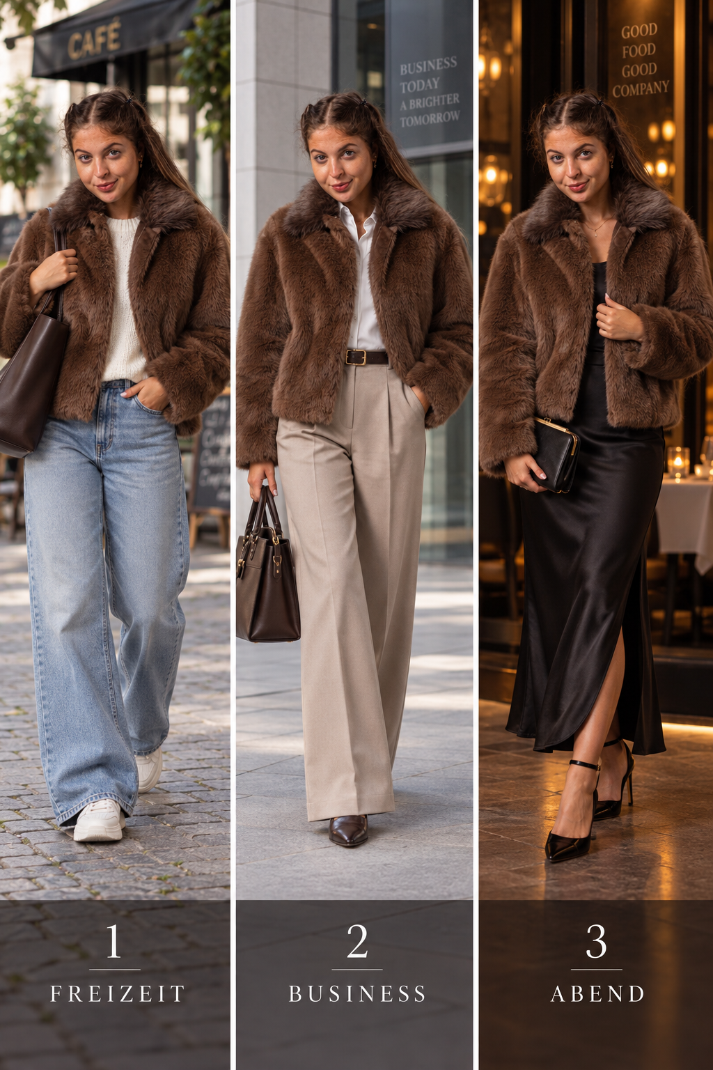 Drei Styling-Ideen für Fake Fur Lederhemd TARA mit Fellkragen: Freizeit, Business und Abend
