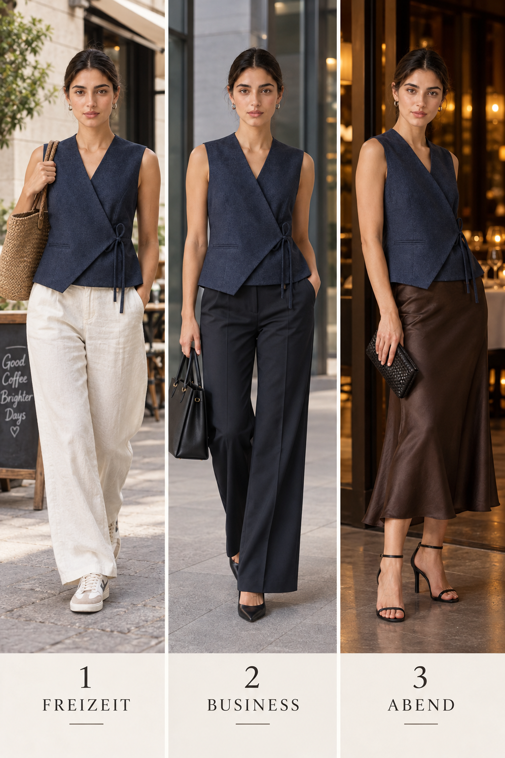Drei Styling-Ideen für Weste Nyra: Freizeit, Business und Abend