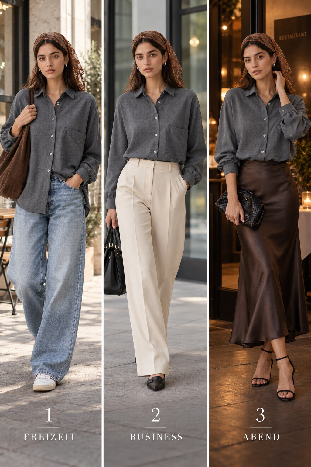 Drei Styling-Ideen für Flanellbluse Camilla: Freizeit, Business und Abend