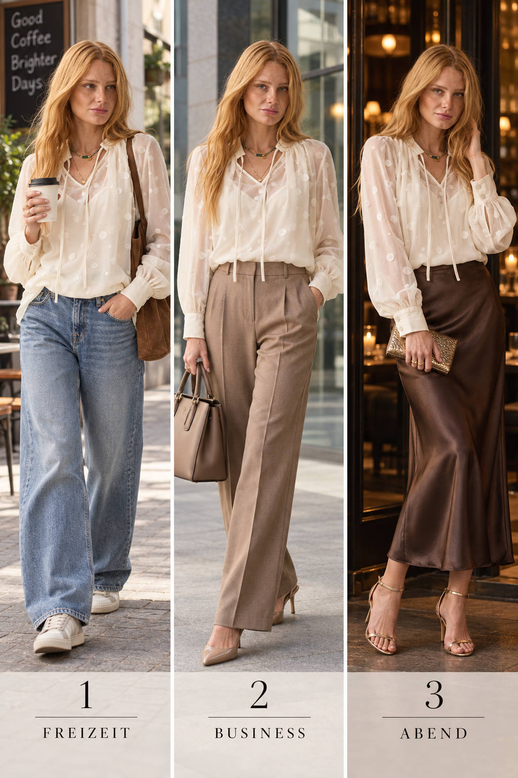 Drei Styling-Ideen für Transparente Bluse mit Pailletten: Freizeit, Business und Abend