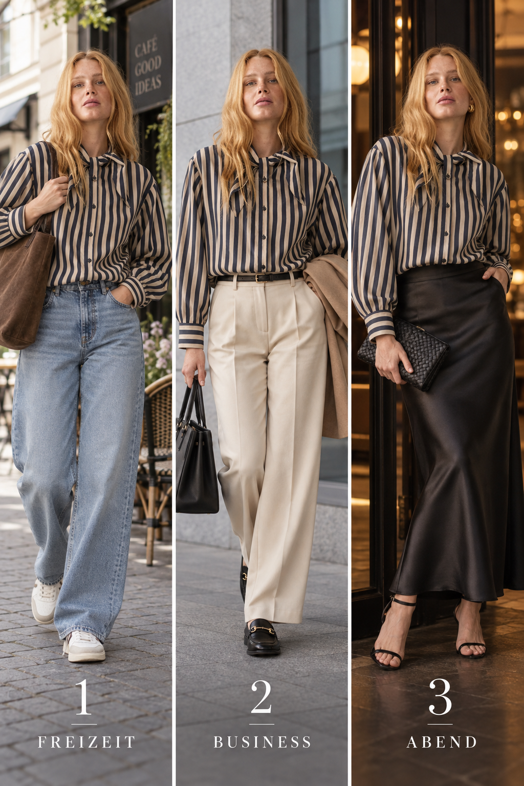 Drei Styling-Ideen für Streifenbluse mit Schluppe: Freizeit, Business und Abend
