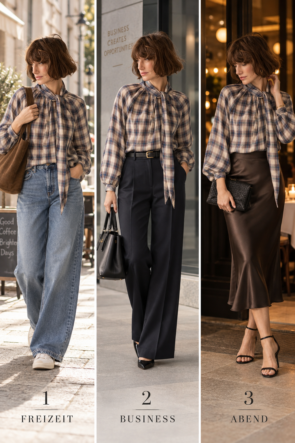 Drei Styling-Ideen für Verspielte Karobluse: Freizeit, Business und Abend
