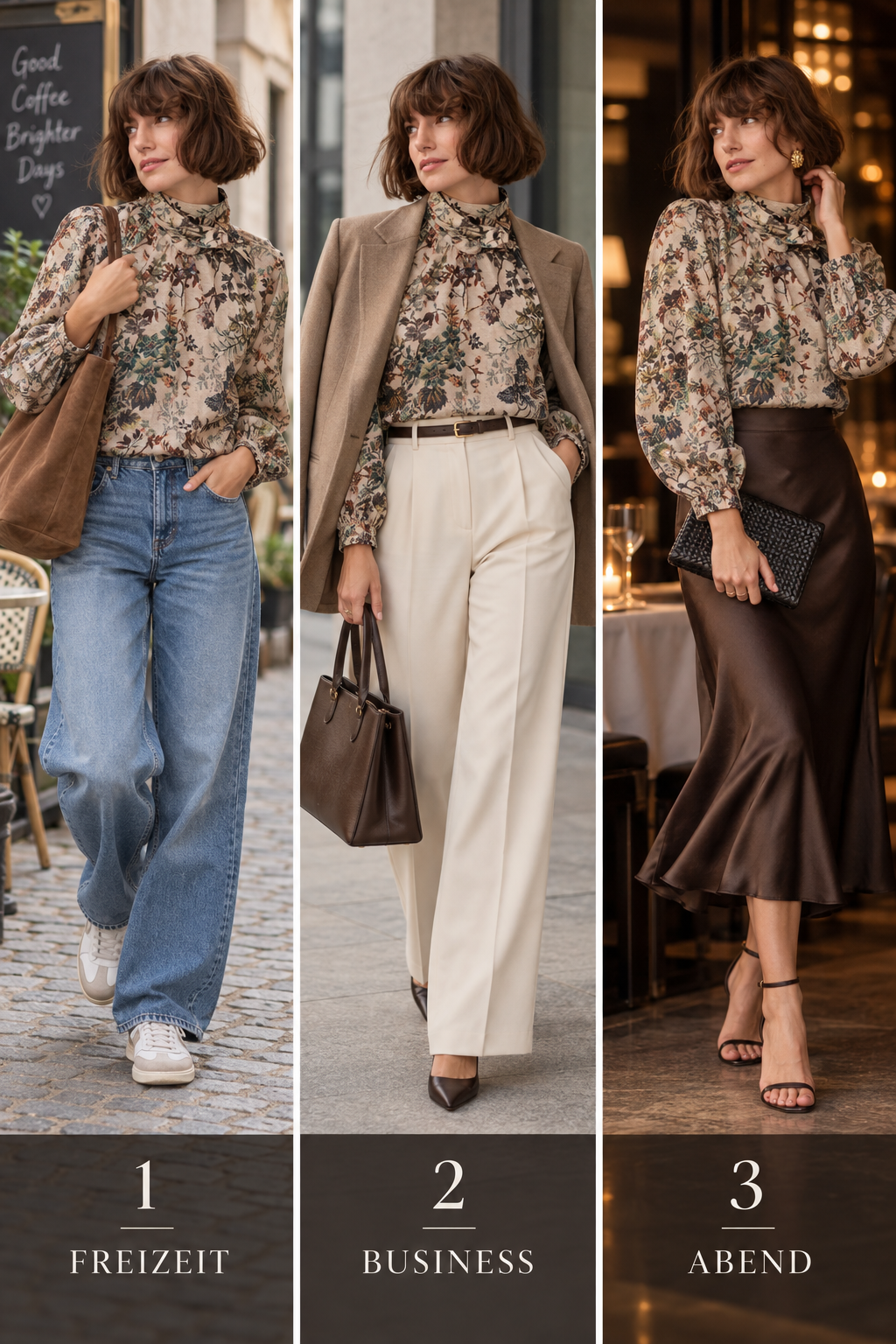 Drei Styling-Ideen für Romantische Bluse mit Floralprint: Freizeit, Business und Abend