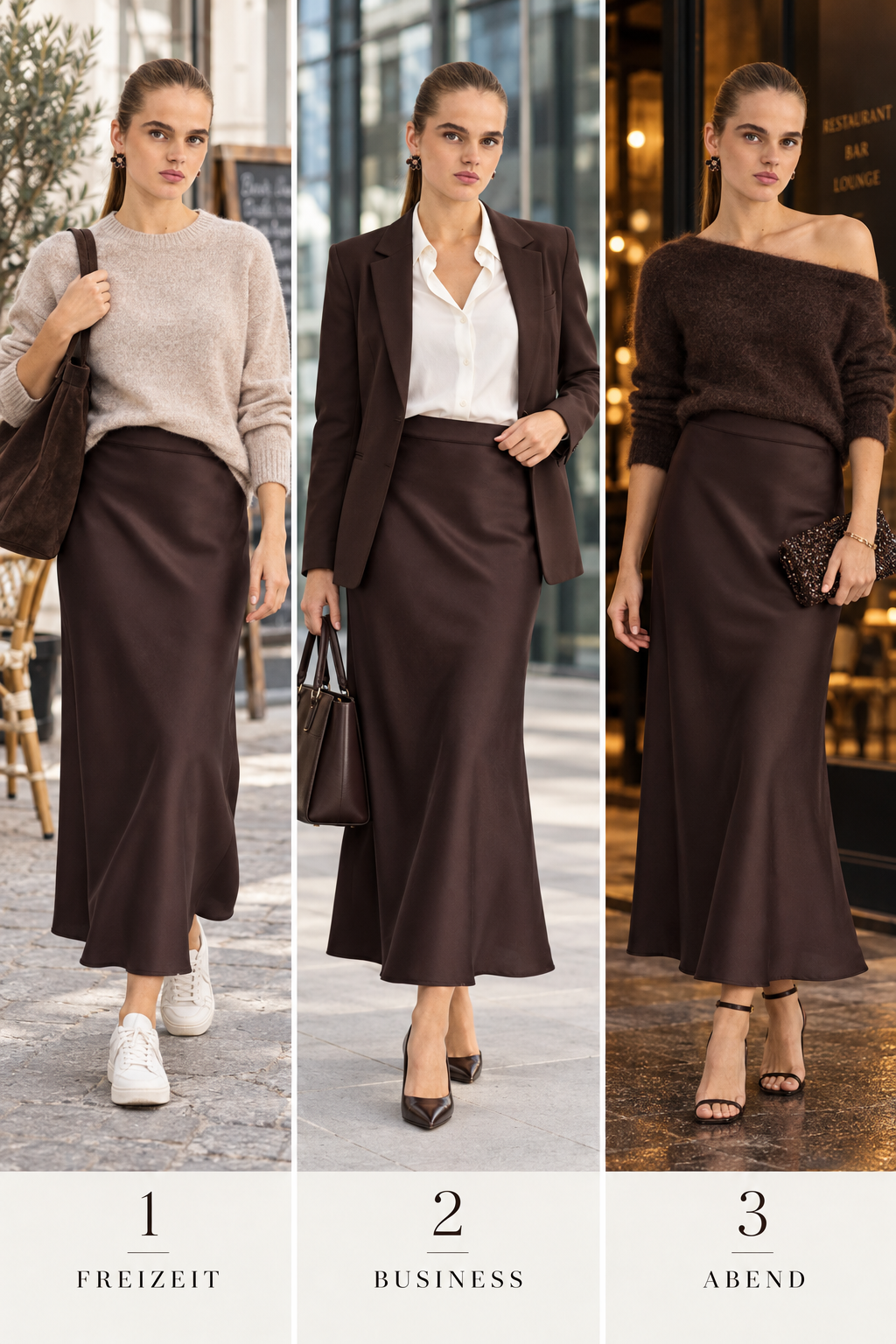 Drei Styling-Ideen für Satinrock Nuamelia: Freizeit, Business und Abend