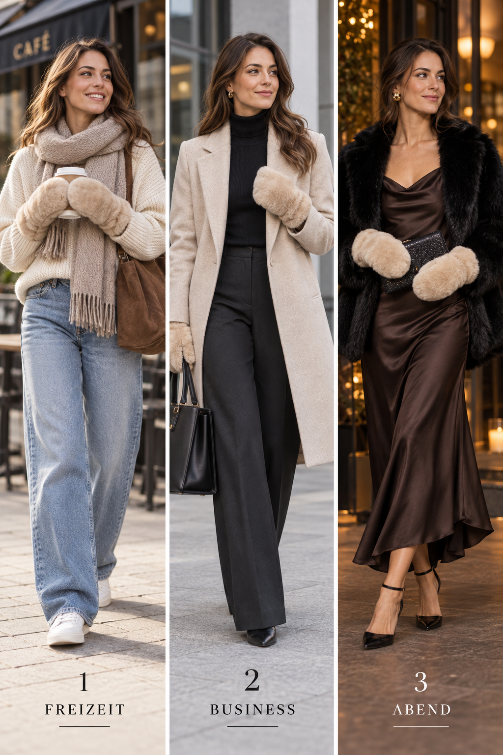 Drei Styling-Ideen für Fakefur Handschuhe Nurixa: Freizeit, Business und Abend