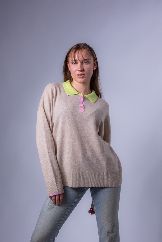 [P3501_FW2614_BG-S] Strickpolo mit farbigem Kragen (S)