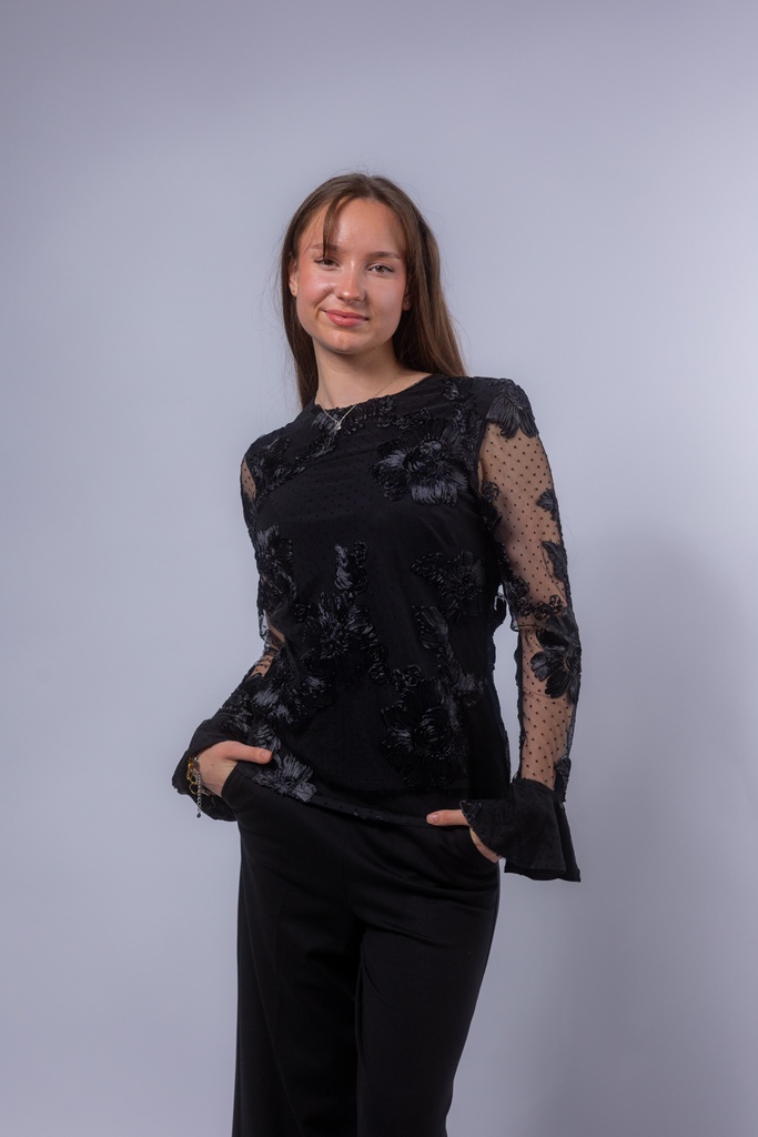 [P3505_08219_SW-36] Langarm Bluse mit A-Linie und Stickereien (36)