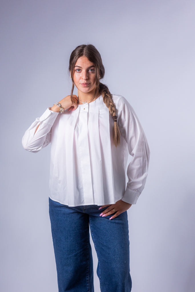 [P3509_07Y53A_WS-34] Kastige Langarm-Bluse mit Kellerfalten und Goldknopf (34)