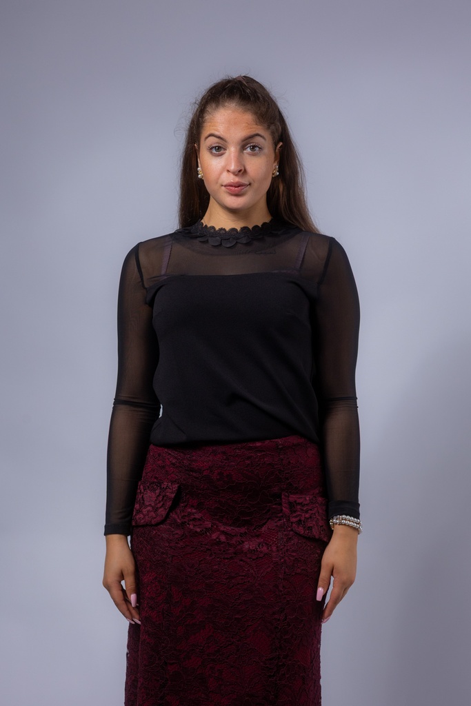 [P3496_2203_SW-36] Taillierte Mesh Bluse mit Spitzendetails (36)
