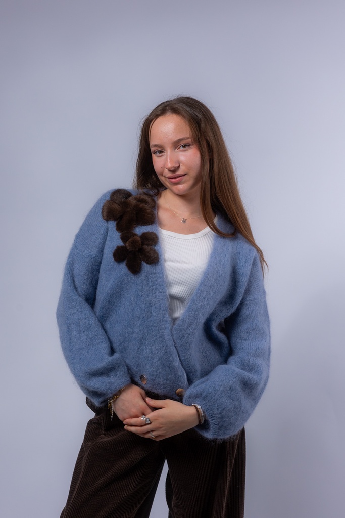 [P3517_4326019_BL-M] Wickelcardigan mit Pelz Applikation (Blau, M)