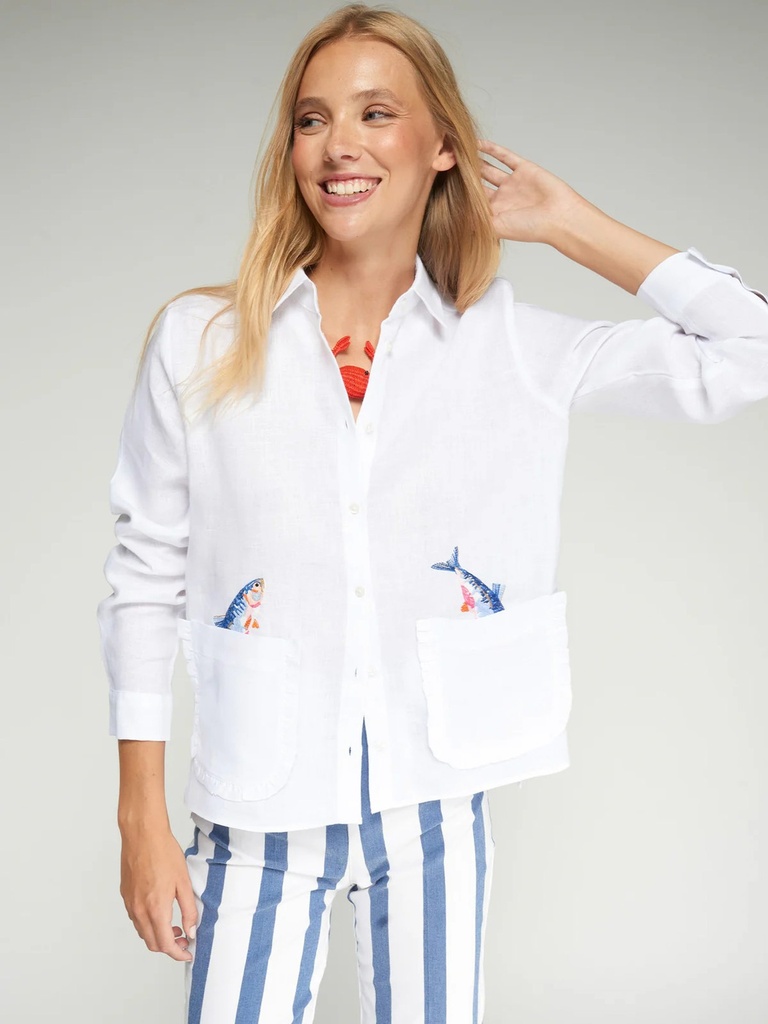 [33617_WS-40] Leinenbluse mit Fisch-Stickerei